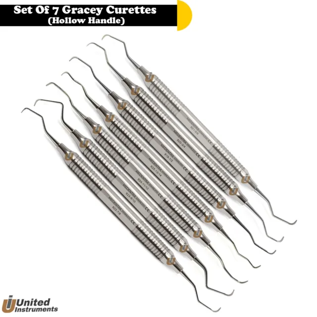 Set Of 7 Dental Gracey Curettes Perio Hollow Handle Surgical Hygiene Scalers New