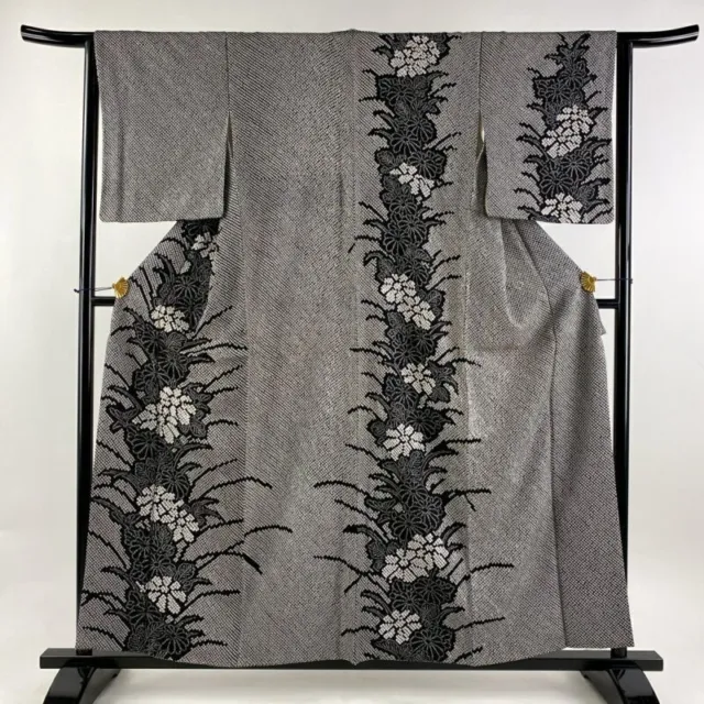 Woman Japanese Kimono Houmongi Silk Flowers Shibori Black