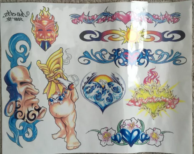 Tattoo Flash Single Sheet Print Hearts, Sun, Flowers, Waves, Fire Men 11" X 14”