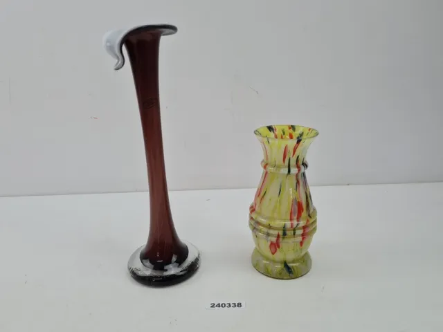 zwei Vasen DDR bunt Made in Poland Glas Höhe 18,5 & 30,5cm Blumenvase #240338