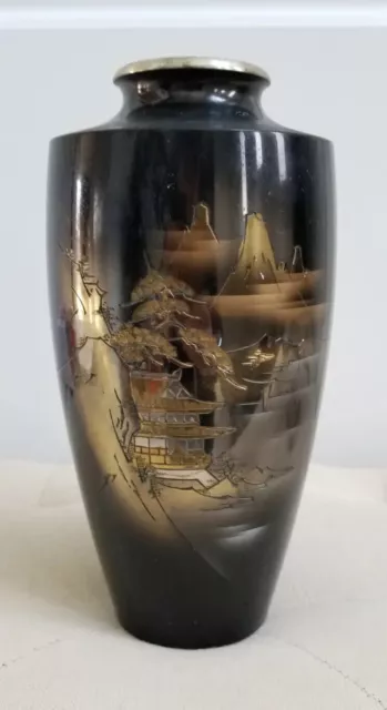 Vintage Japanese Etched Gilt & Silver Patinated Metal Vase, Valley & Mountain