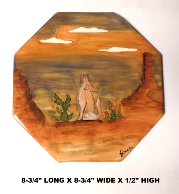 "Coyote Moon" Signed Helma 8-3/4" Trivet Hot Plate, Hand Painted Ceramic Pottery
