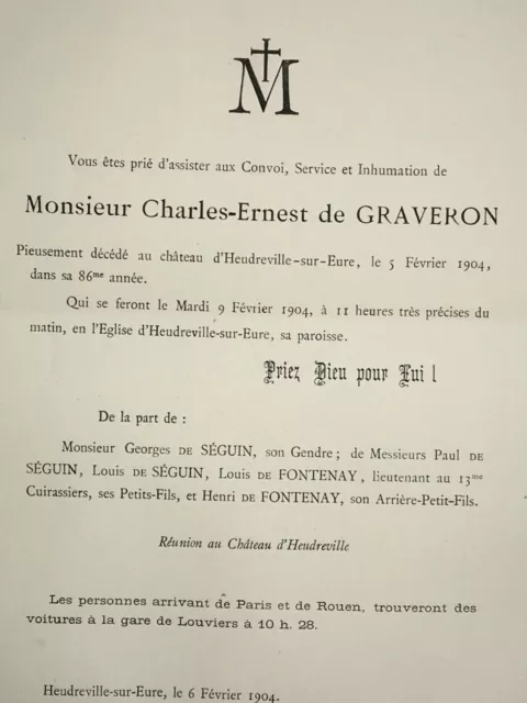 GRAVERON Seguin FAIRE PART Fontenay HEUDREVILLE EURE 1904