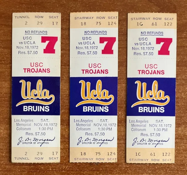LOT OF 3 - 1972 NCAA USC TROJANS vs UCLA BRUINS FOOTBALL FULL UNUSED TICKETS
