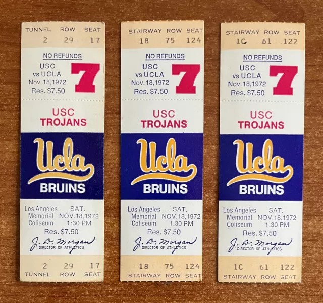 LOT OF 3 - 1972 NCAA USC TROJANS vs UCLA BRUINS FOOTBALL FULL UNUSED TICKETS