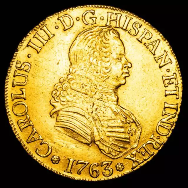 *Lucernae* Carlos III 1759-1788 8 Escudos Bourbon shield Santiago de Chile 1763