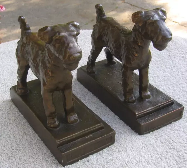 Antique Bronze/Brass over Wood Airedale Terrier Dogs Intricate Heavy Bookends