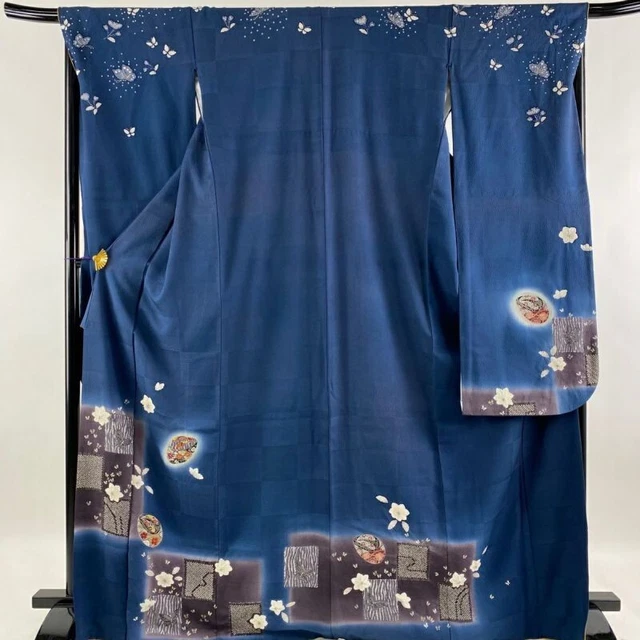 Woman Japanese Kimono Furisode Silk Pokkuri Fower Embroidery Shibori IndigoBlue