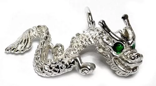 Sterling Silver Chinese Dragon With Green Eyes Charm    