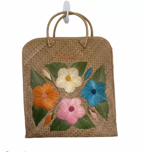Hawaii Travel Large Wicker Straw Tote Bag Beach Purse Floral Flower Colorful