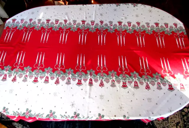 Vintage Retro Old Time Christmas Tablecloth 75 X 58 Candles Holly Snowflakes