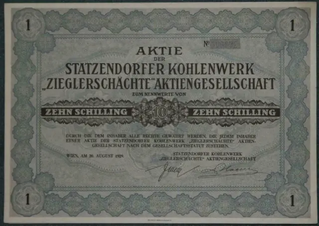 Statzendorfer Kohlenwerk "Zieglerschächte" Aktiengesellschaft 1929 10 ATS Kupons