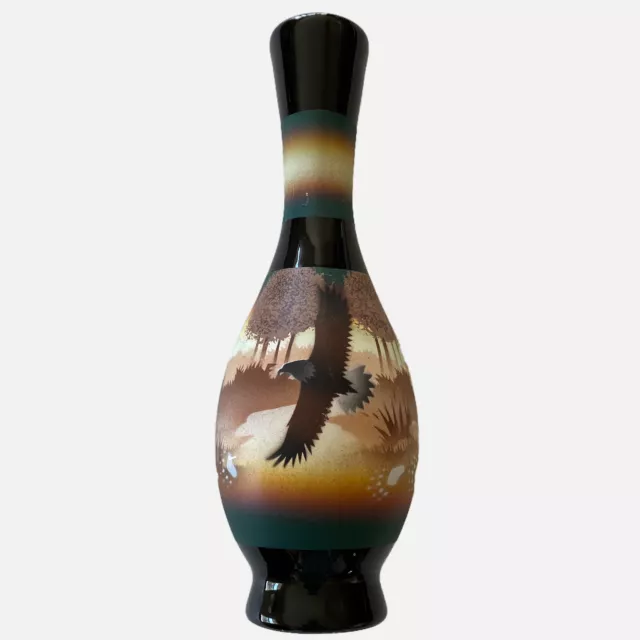 Dineh Navajo Pottery Vase Hand Painted Signed Black Glaze Eagle Bear 9 Inch