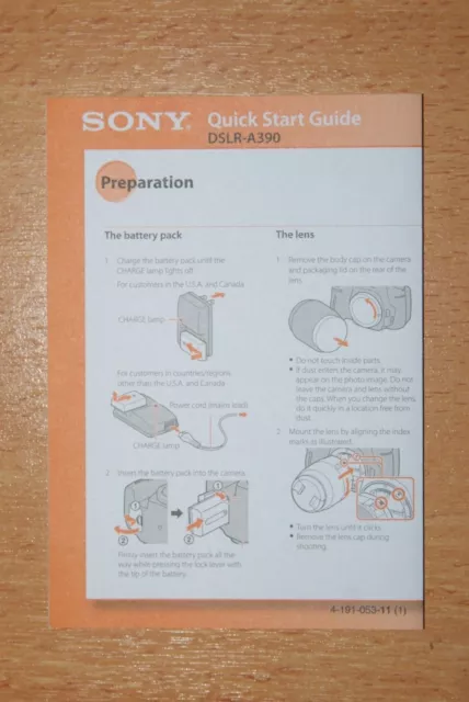 Sony Alpha a390 Quick Start Guide Very Good Condition