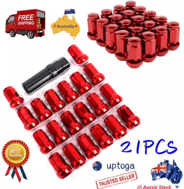 21pcs Steel Wheel Rim Racing Close End Lug Nuts Cap Socket Key RED M12X1.5mm AU