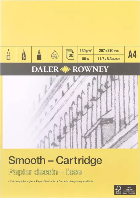 Daler Rowney Smooth 130 gsm A4 Cartridge Drawing Paper Pad, Glued 1 Side, 30 for