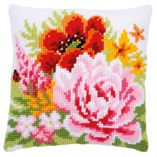 Vervaco Cross stitch cushion kit Colourful flowers, stamped, DIY