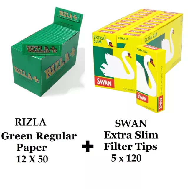 600 x Rizla Green Regular Rolling Papers & Swan Extra Slim Filter Tips Smoking