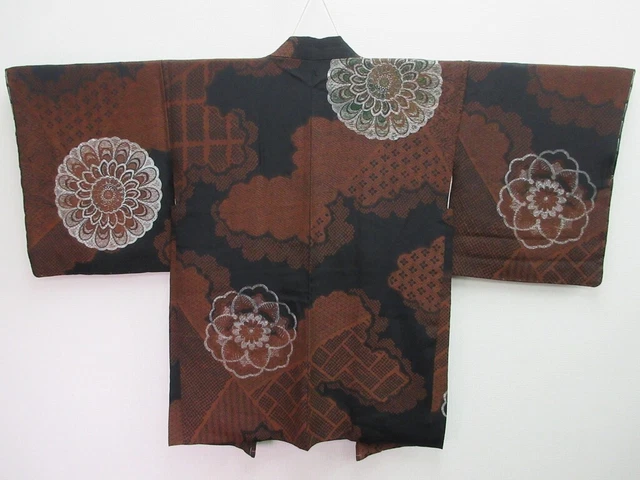8089A2 Silk Vintage Japanese Kimono Haori Jacket Chrysanthemum Kumodori Urushi