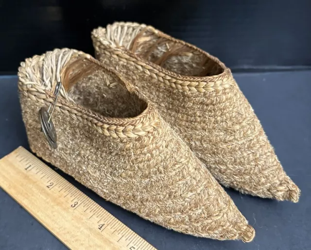 Antique Hand Made Woven Reed CHINESE BOUND FOOT Flat Sole Pointed Toe Shoes