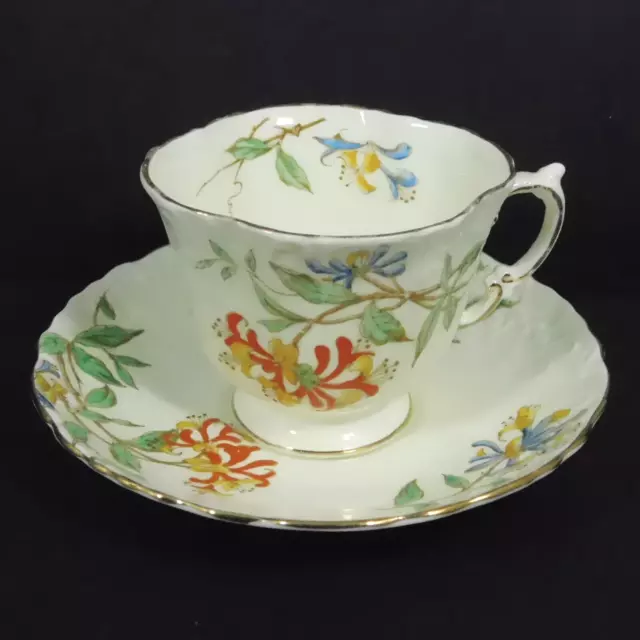 Aynsley Honeysuckle Teacup Saucer Set PALE YELLOW Gold Trim Bone China Flowers