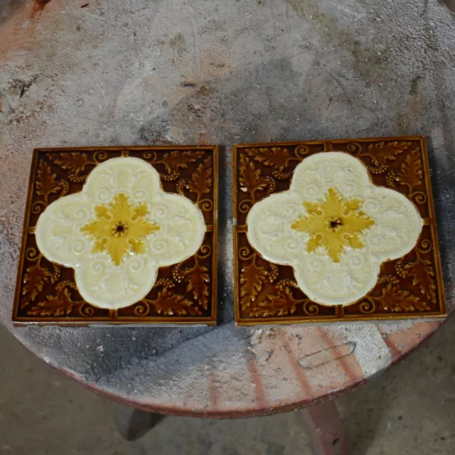 Antique Reclaimed Original Applied Encaustic Tiles Wall Two Pair Brown
