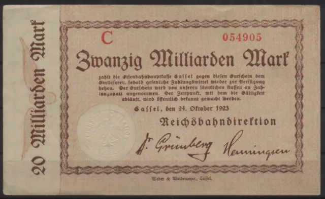 [26391] - Notgeld CASSEL / KASSEL, Reichsbahndirektion RBD, 20 Milliarden Mark,