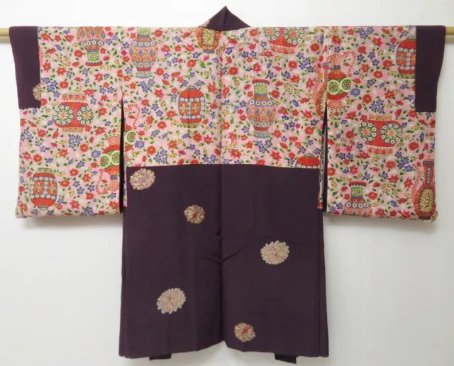 0514T06z690 Vintage Japanese Kimono Silk HAORI Dark grape Flower