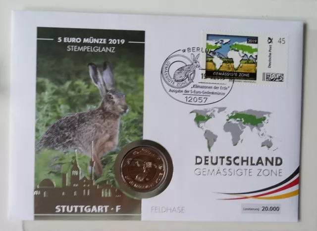 Numisbrief 5 EURO 2019 BRD Gemäßigte Zone POLYMERRING Prägezeichen F Motiv Hase