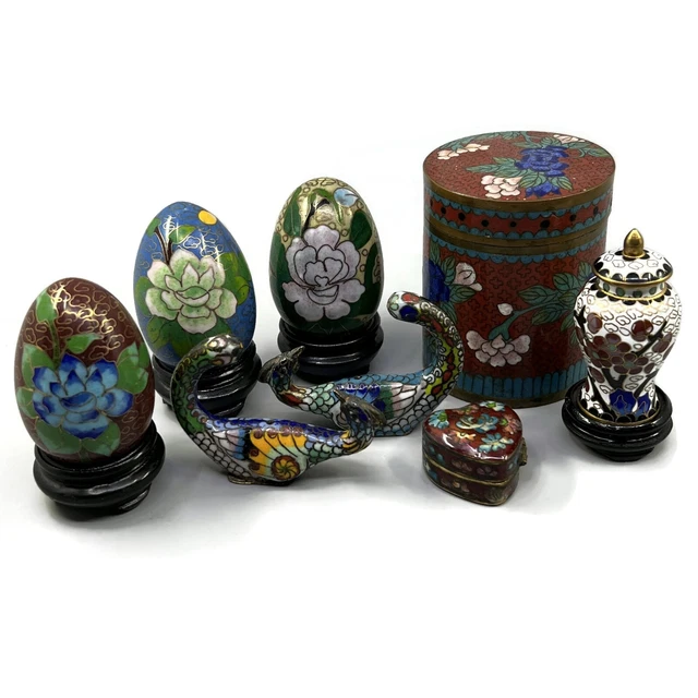 Vintage Chinese Cloisonne Enamel Collectibles Lot Some in Original Boxes