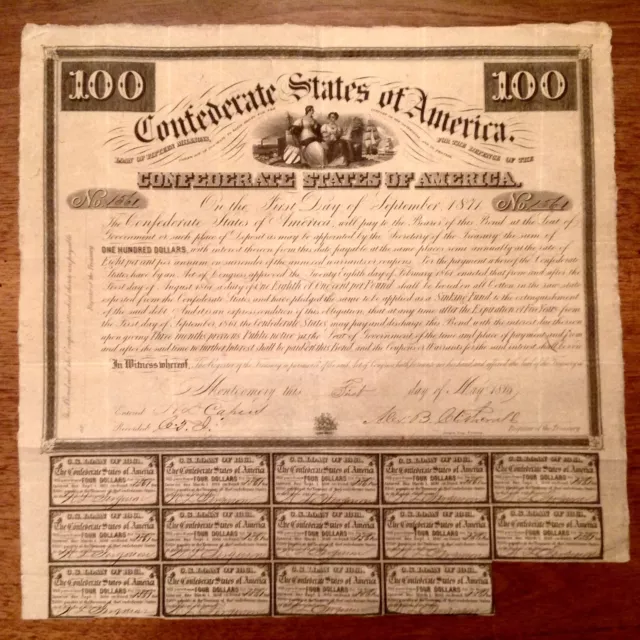 ~Rare 1861 Confederate $100 Bond - Cr # 6A Thin Fiber Paper Variety  14 coupons