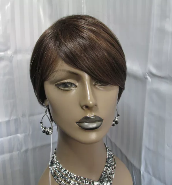 Lux Hair Feathered Pixi W/bangs dark  brown w/gold heat safe NEW