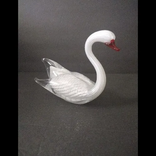 Marcolin Sweden Signed FM Ronneby Art Glass White Swan Bird Figurine Red Beak 8"
