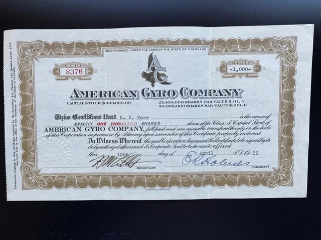 1932 American Gyro Company Capital Stock Certificate