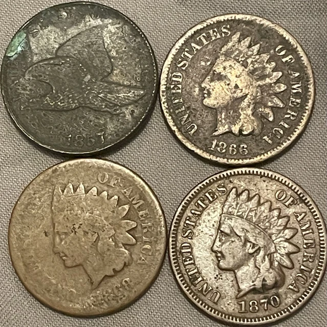1857 Flying Eagle Cent, 1866, 1868, and 1870 Indian Head Pennies mixed condition