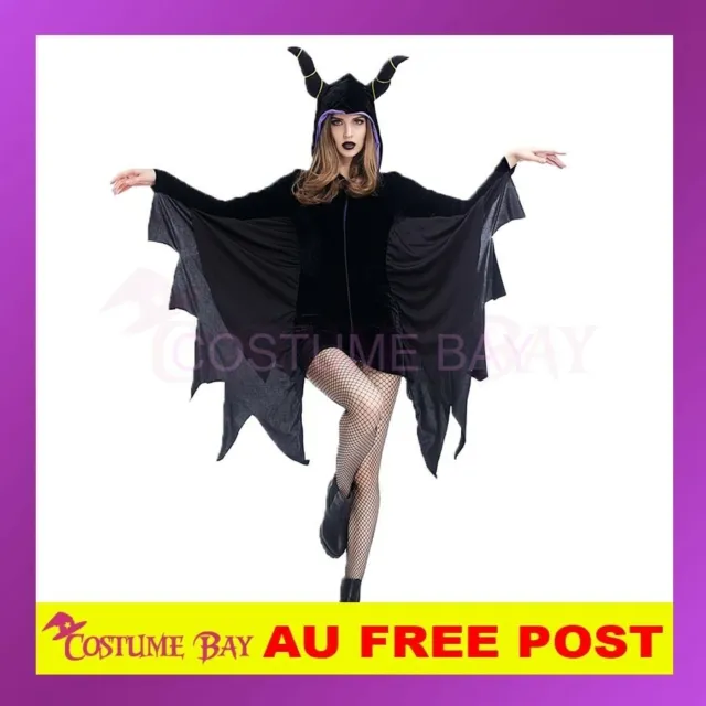Womens Halloween Maleficent Devil Evil Queen Bat Fancy Dress Party Costume Horns