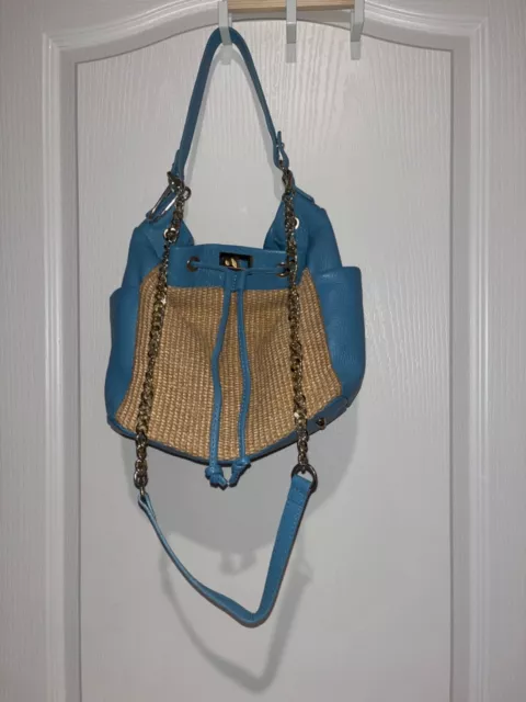 UNICA BLUE PEBBLED Leather & Faux Straw Hobo Shoulder Purse Handbag ...