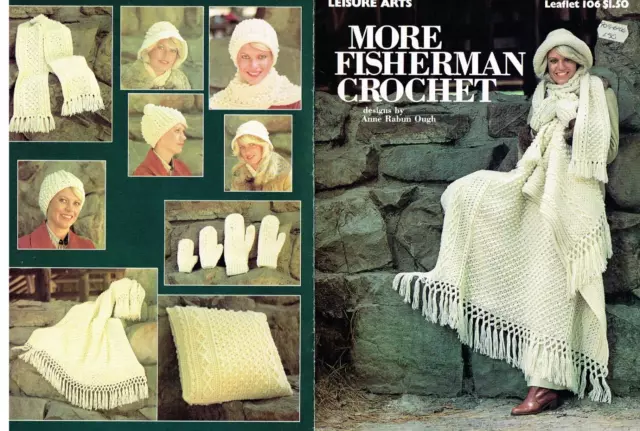 More Fisherman Crochet Pattern Hats Scarfs Afghan Leisure Arts 1977 VTG