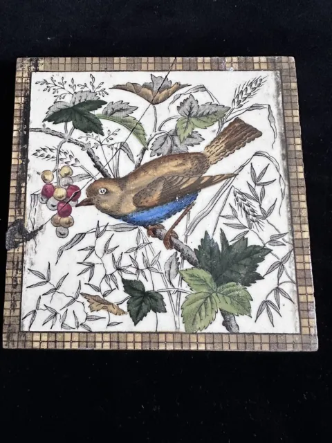 Unusual Old Vintage Antique Victorian Pottery Bluebird Tile Hand Painted. A/F