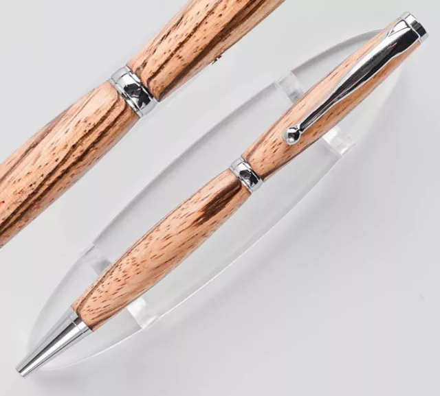 Hand Turned Twist Ballpoint Pen, Zebra Wood & Chrome Trim, Slimline Series