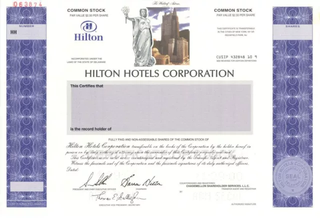 Hilton Hotels Corp. - Specimen Stock Certificate - Specimen Stocks & Bonds