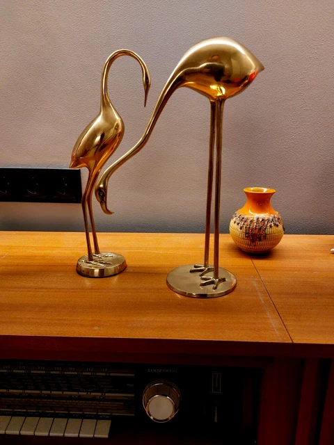 Vintage Mid-Century Beautiful Pair of Brass Birds Sculptures Space Age