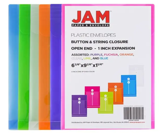 JAM PAPER Plastic 6 Envelopes with Button & String Tie Closure - 6 1/4 x 9 1/4