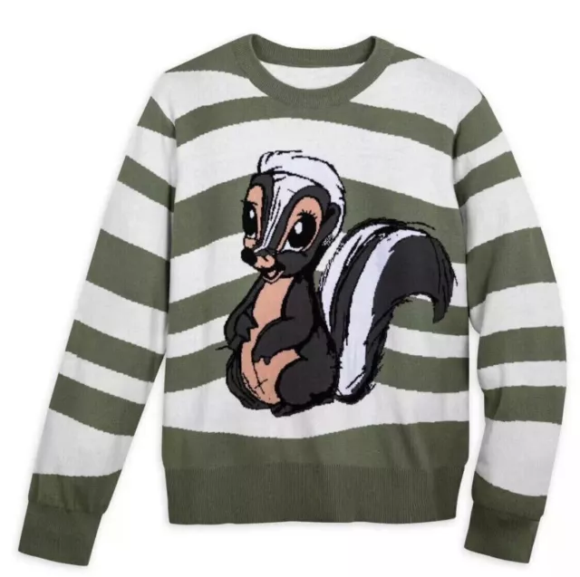 Disney Flower Bambi Green White Striped Graphic Sweater Pullover Skunk M