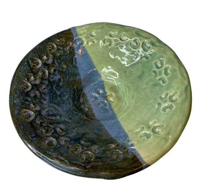 Studio Art Pottery Bowl Blue Sea foam Green and Black 7 1/2 inches diameter