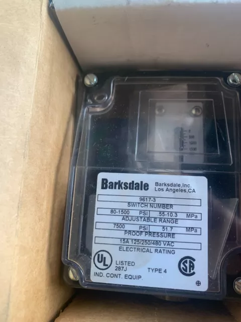 Barksdale 9617-3, Pressure Switch. 80-1500 PSI    New in Box