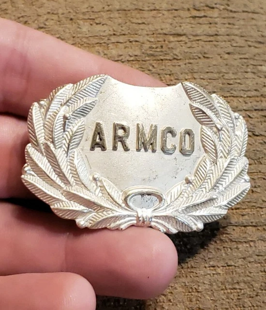 Rare Vintage Silver Tone Armco Company Steel Worker Hat Badge Screw Back Look!