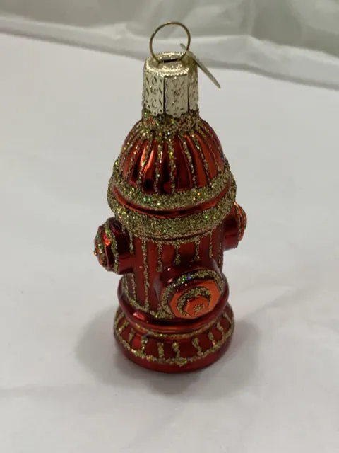 Blown Glass CHRISTMAS ORNAMENT Fire Hydrant Red Gold Glitter 3.5”