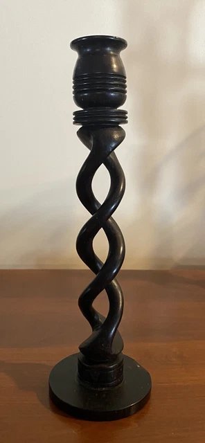 Vintage Solid Dark Wood Handmade Open Barley Twist Candlestick Candle Holder