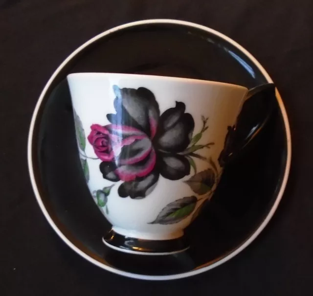 Royal Albert Masquerade Floral Tea Cup & Black Saucer Duo 1950s vintage vgc